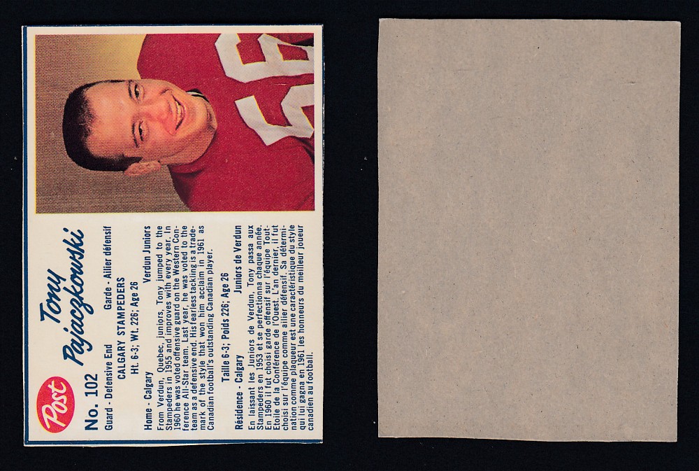 1962 CFL POST FOOTBALL CARD #102 T. PAJACZKOWSKI photo