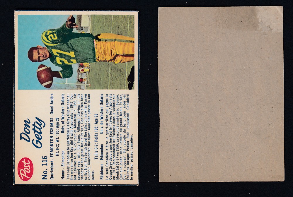 1962 CFL POST FOOTBALL CARD #116 D. GETTY photo