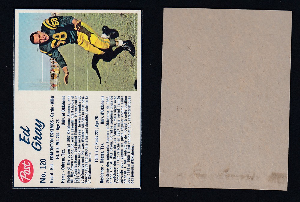 1962 CFL POST FOOTBALL CARD #120 E. GRAY photo