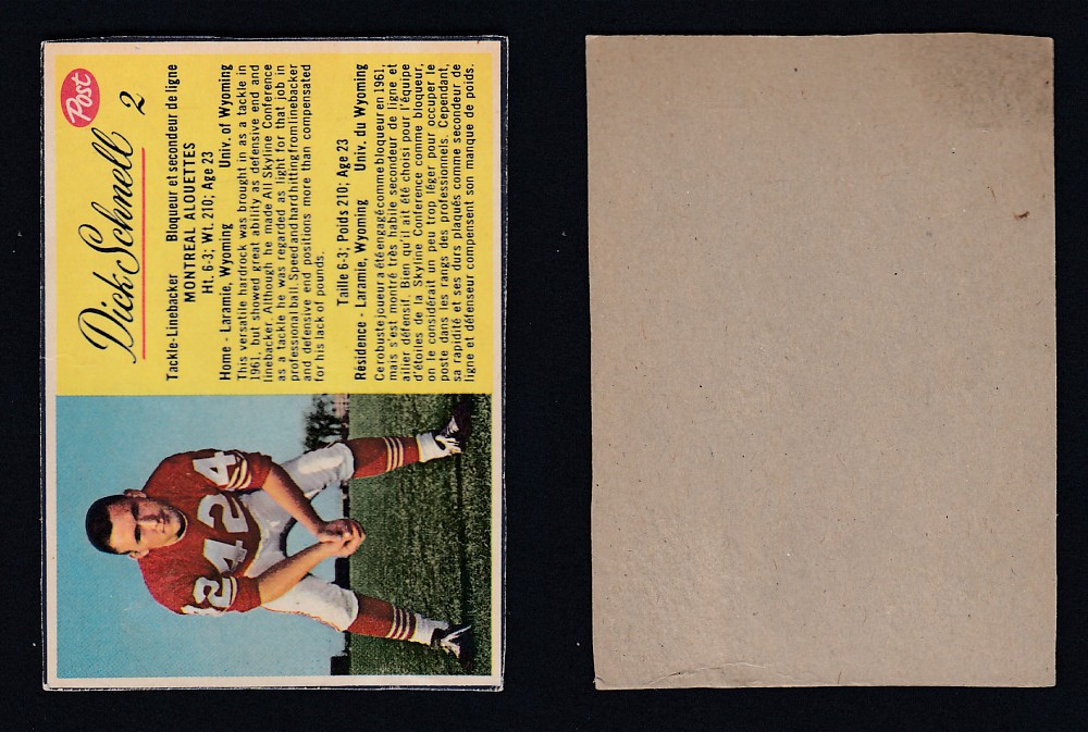 1963 CFL POST FOOTBALL CARD #2 D. SCHNELL  photo