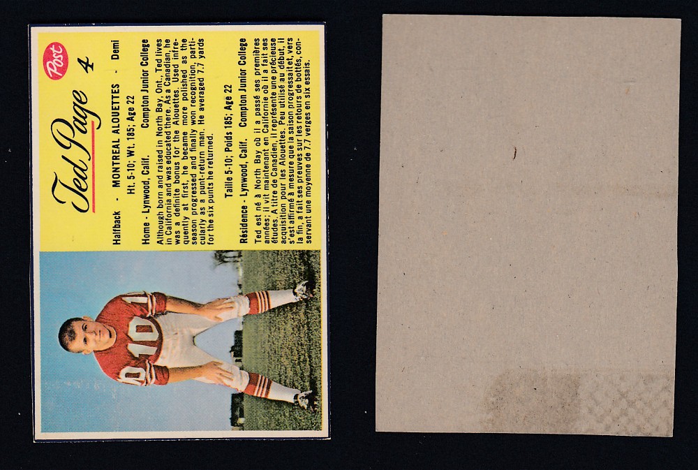 1963 CFL POST FOOTBALL CARD #4 T. PAGE  photo