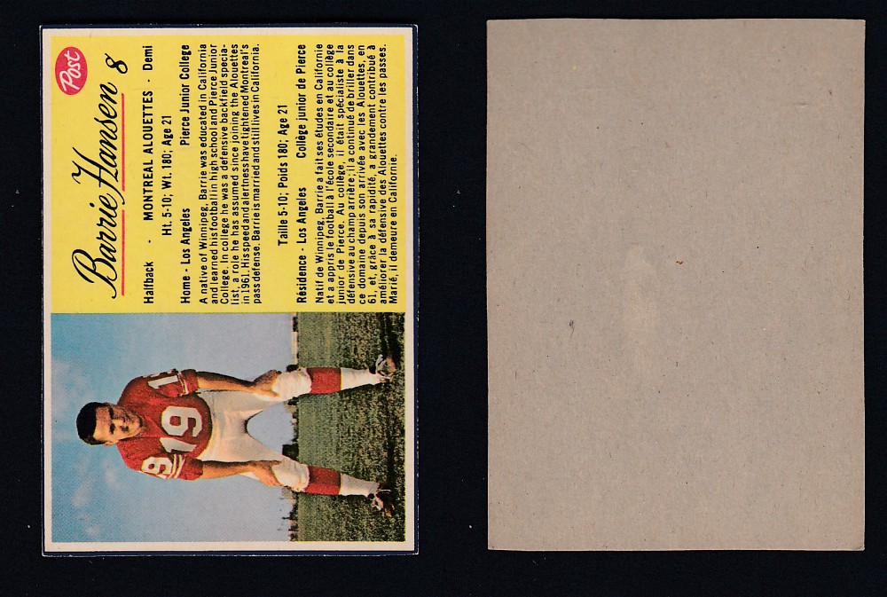 1963 CFL POST FOOTBALL CARD #8 B. HANSEN  photo