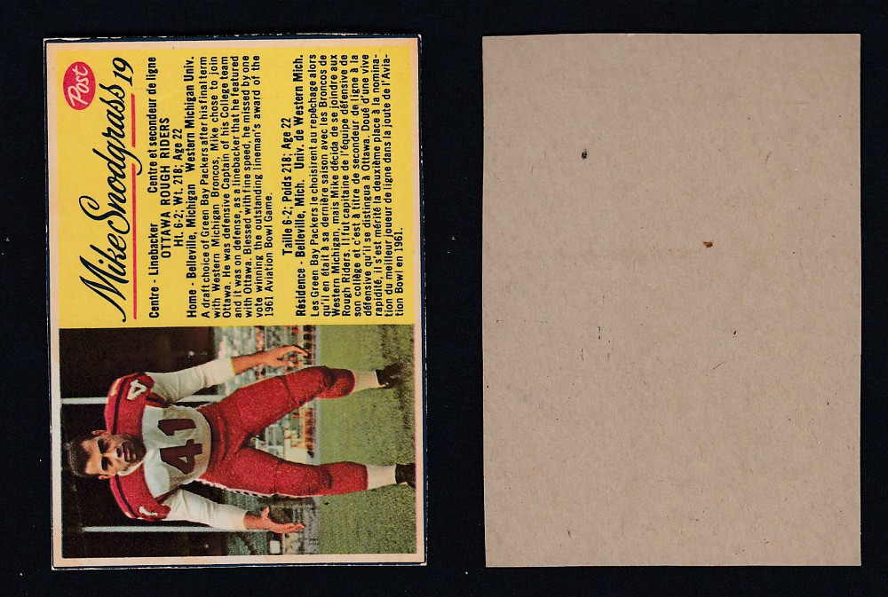 1963 CFL POST FOOTBALL CARD #19 M. SNODGRASS photo