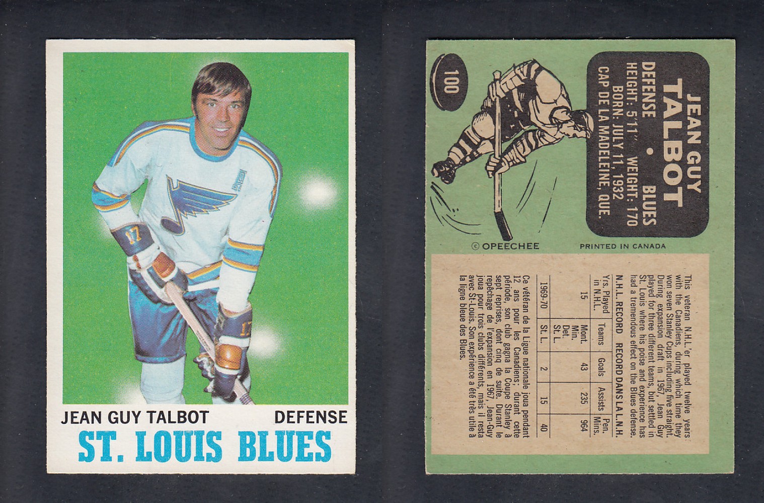 1970-71 O-PEE-CHEE HOCKEY CARD  #100 J.G. TALBOT photo