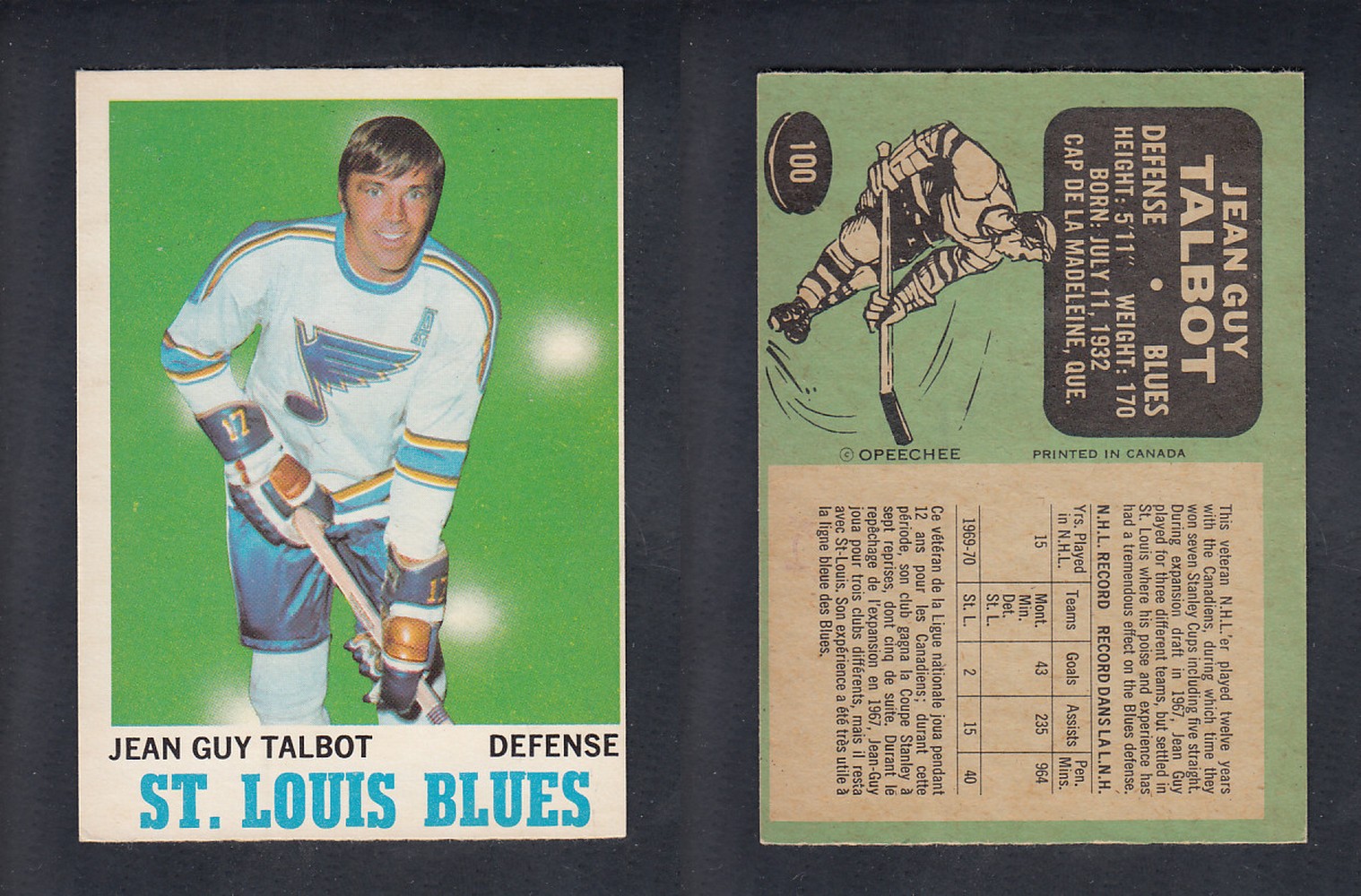 1970-71 O-PEE-CHEE HOCKEY CARD  #100 J.G. TALBOT photo