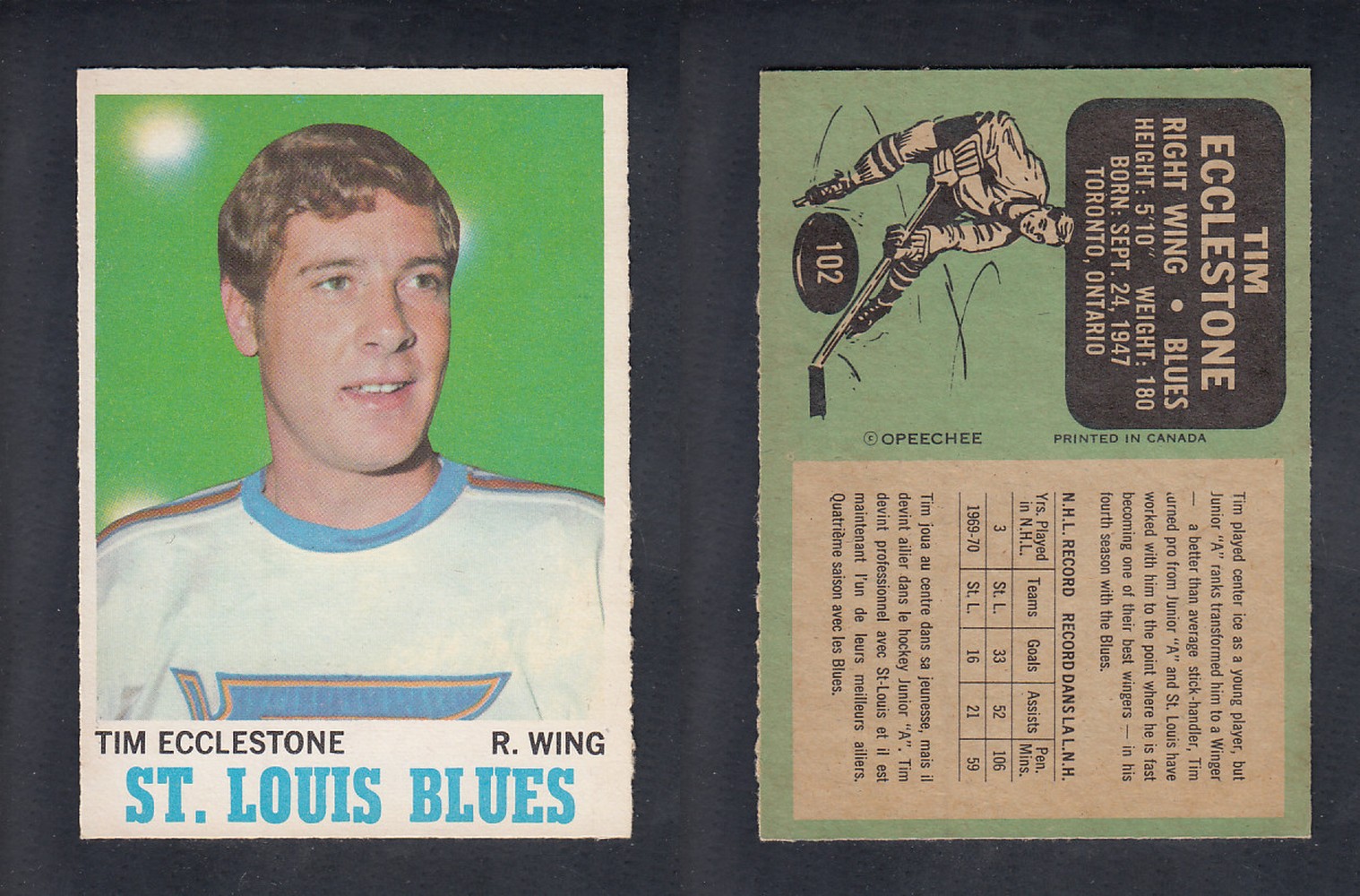 1970-71 O-PEE-CHEE HOCKEY CARD  #102 T. ECCLESTONE photo