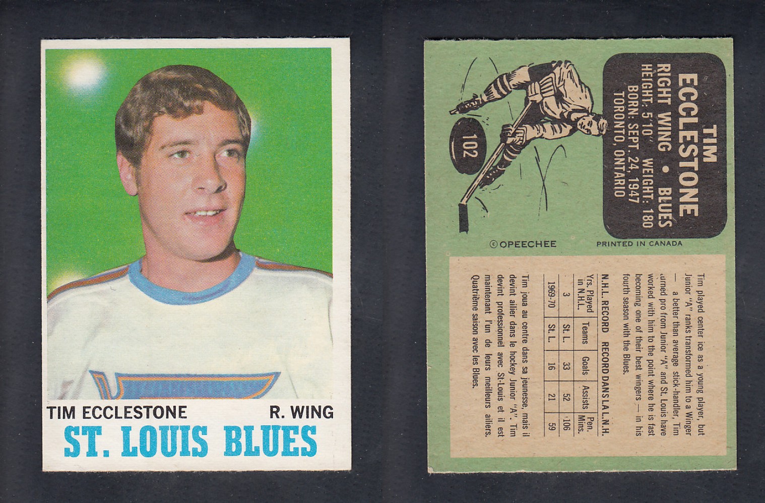 1970-71 O-PEE-CHEE HOCKEY CARD  #102 T. ECCLESTONE photo