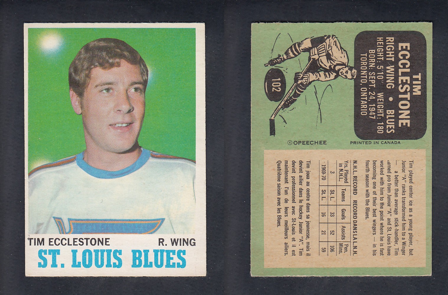 1970-71 O-PEE-CHEE HOCKEY CARD  #102 T. ECCLESTONE photo