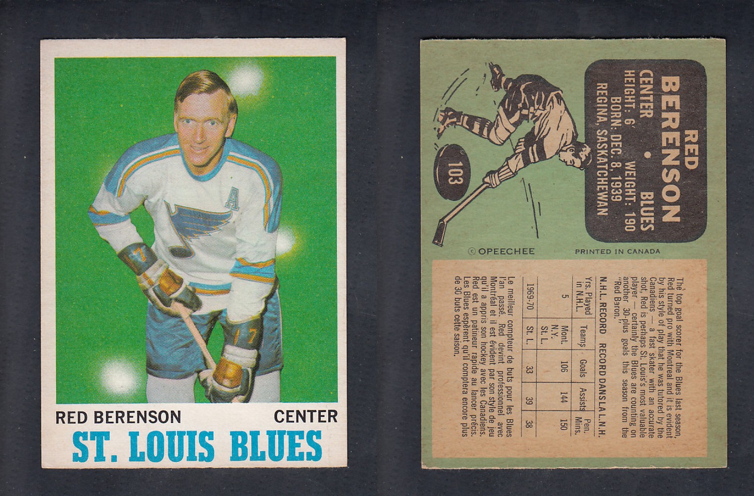 1970-71 O-PEE-CHEE HOCKEY CARD  #103  R. BERENSON photo