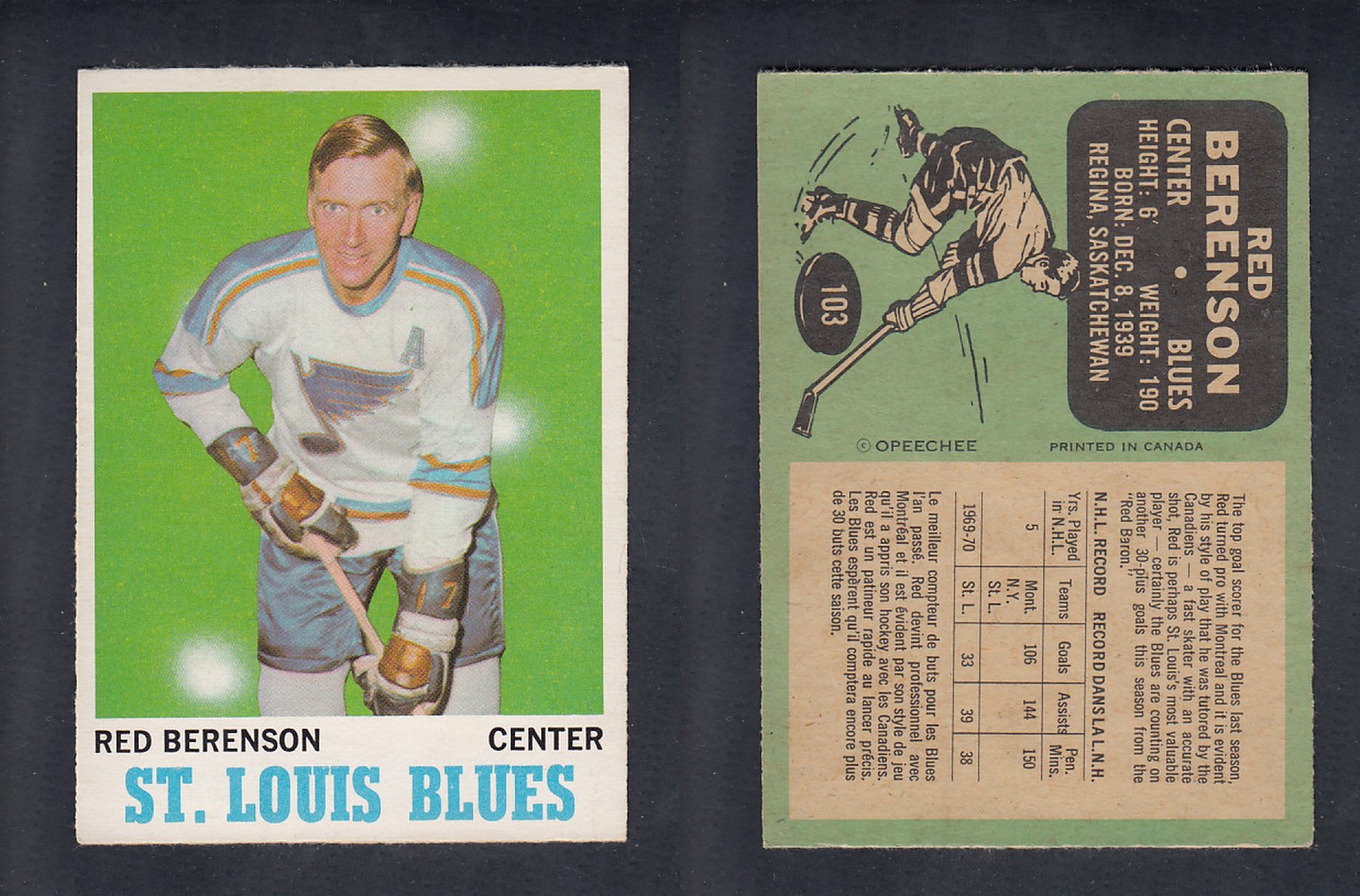 1970-71 O-PEE-CHEE HOCKEY CARD  #103  R. BERENSON photo