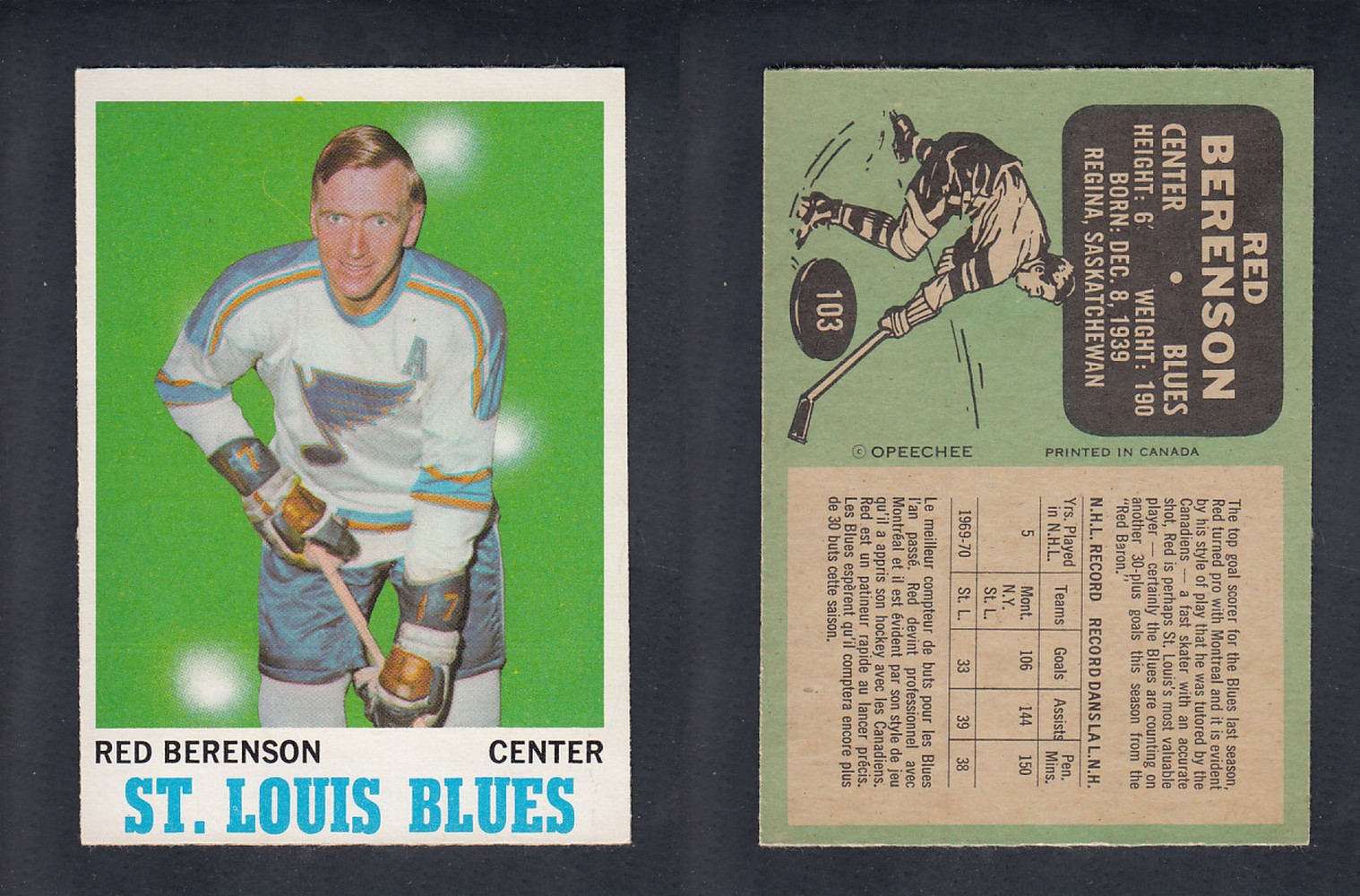 1970-71 O-PEE-CHEE HOCKEY CARD  #103  R. BERENSON photo