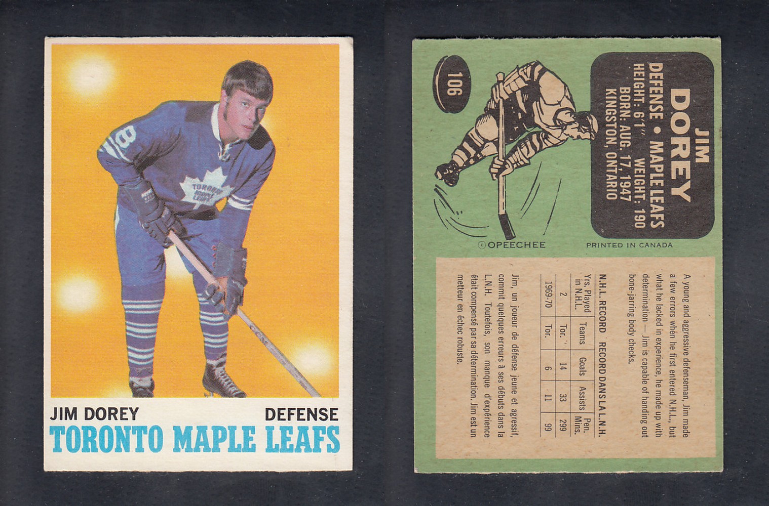 1970-71 O-PEE-CHEE HOCKEY CARD  #106  J. DOREY photo