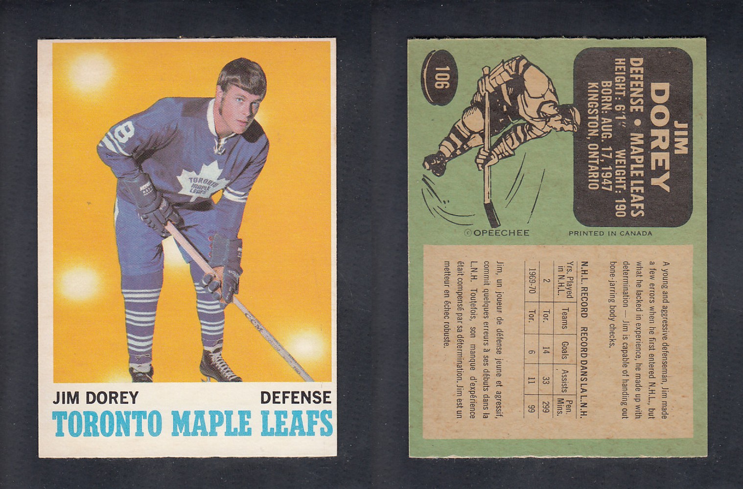 1970-71 O-PEE-CHEE HOCKEY CARD  #106  J. DOREY photo