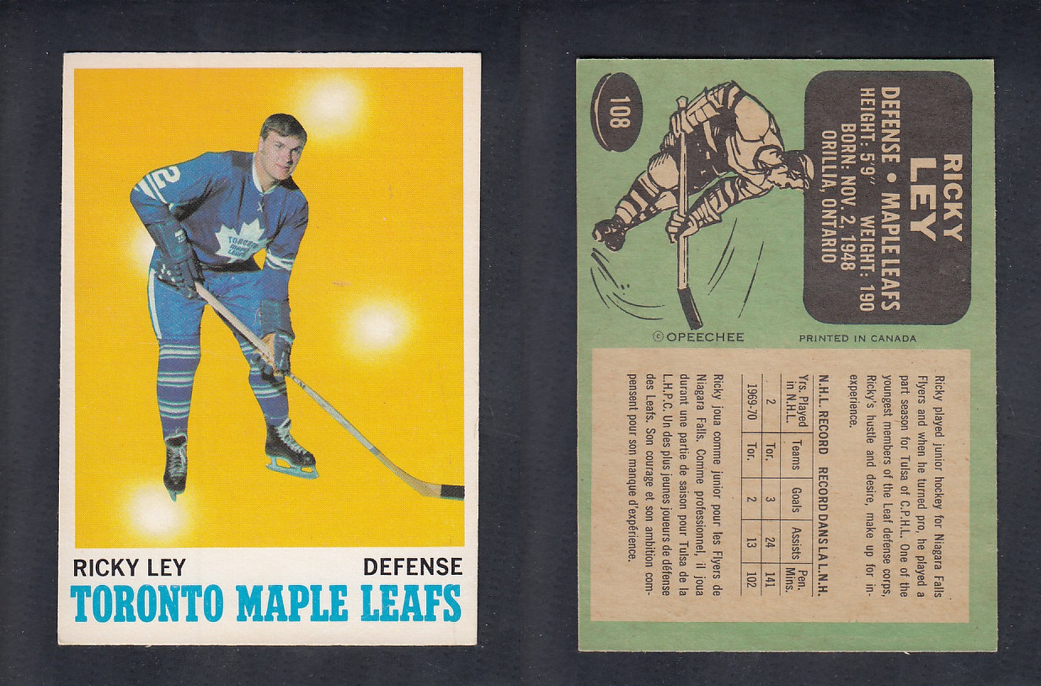 1970-71 O-PEE-CHEE HOCKEY CARD  #108  R. LEY photo