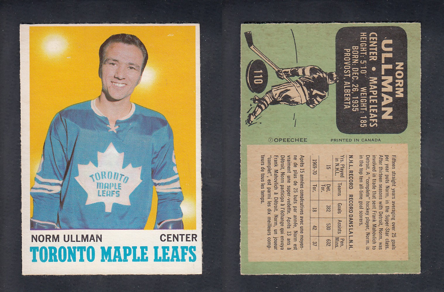 1970-71 O-PEE-CHEE HOCKEY CARD  #110  N. ULLMAN photo