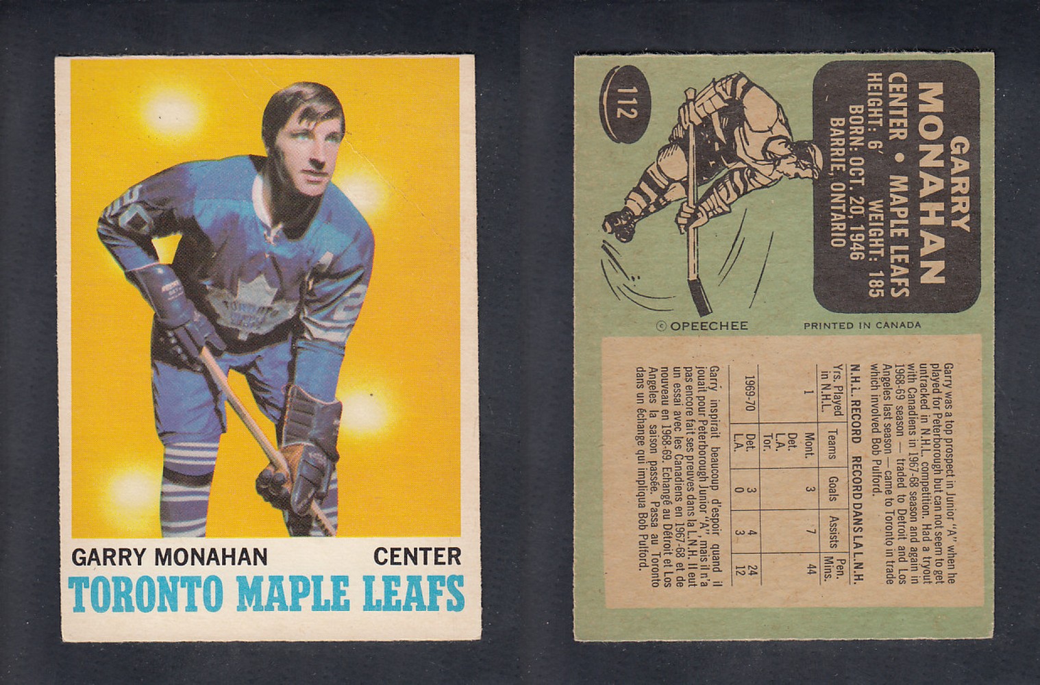 1970-71 O-PEE-CHEE HOCKEY CARD  #112  G. MONAHAN photo