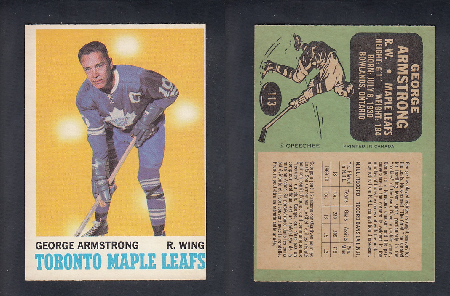 1970-71 O-PEE-CHEE HOCKEY CARD  #113  G. AMRSTONG photo