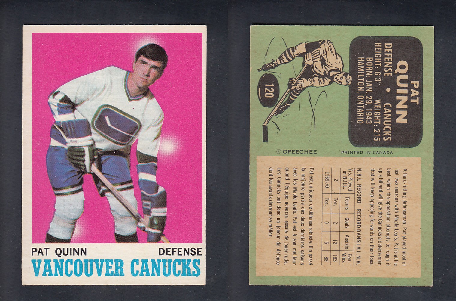 1970-71 O-PEE-CHEE HOCKEY CARD  #120  P. QUINN photo