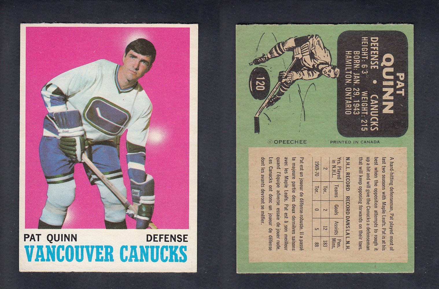 1970-71 O-PEE-CHEE HOCKEY CARD  #120  P. QUINN photo