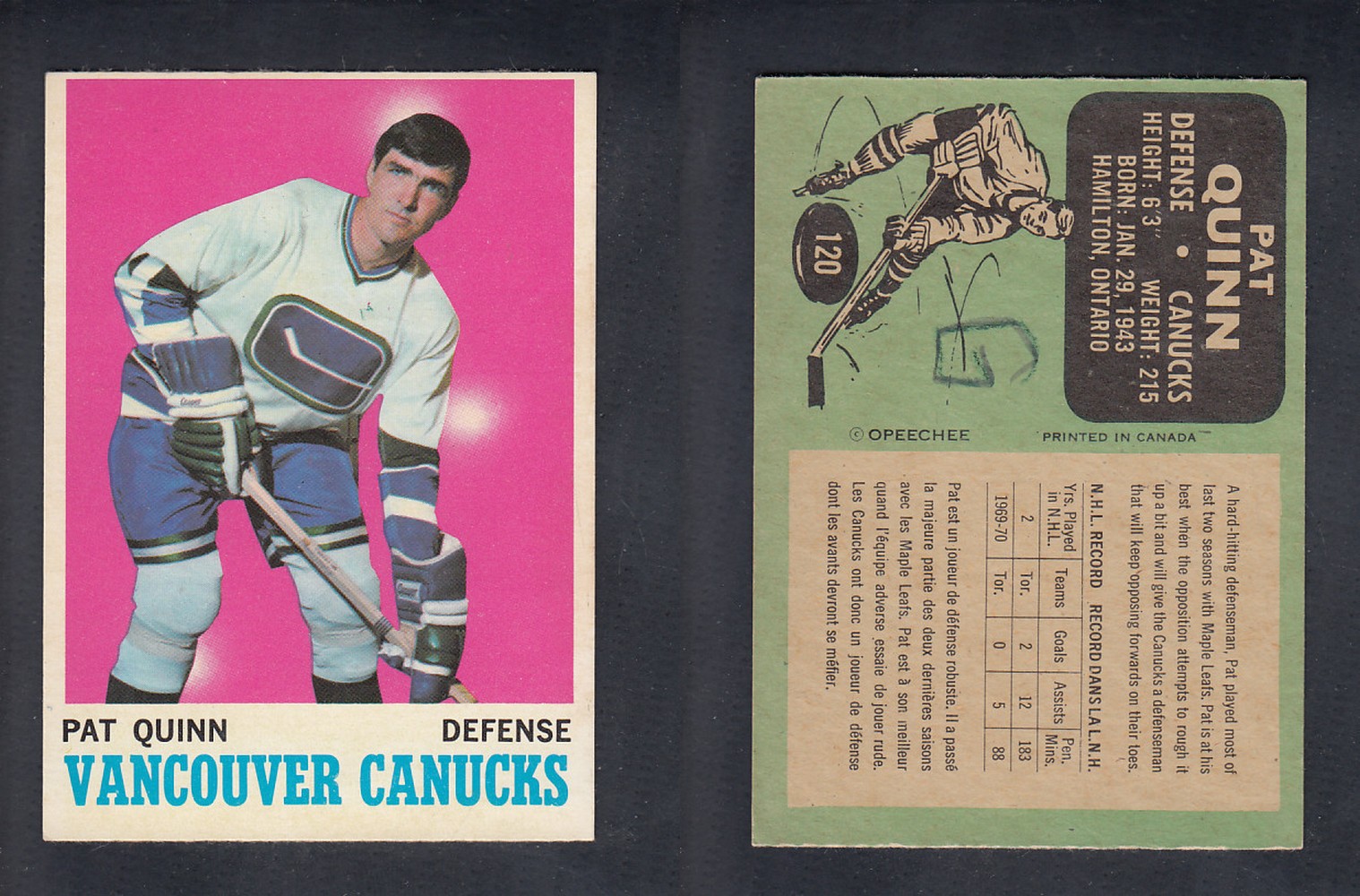 1970-71 O-PEE-CHEE HOCKEY CARD  #120  P. QUINN photo