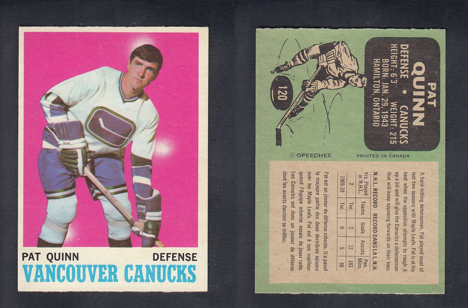 1970-71 O-PEE-CHEE HOCKEY CARD  #120  P. QUINN photo