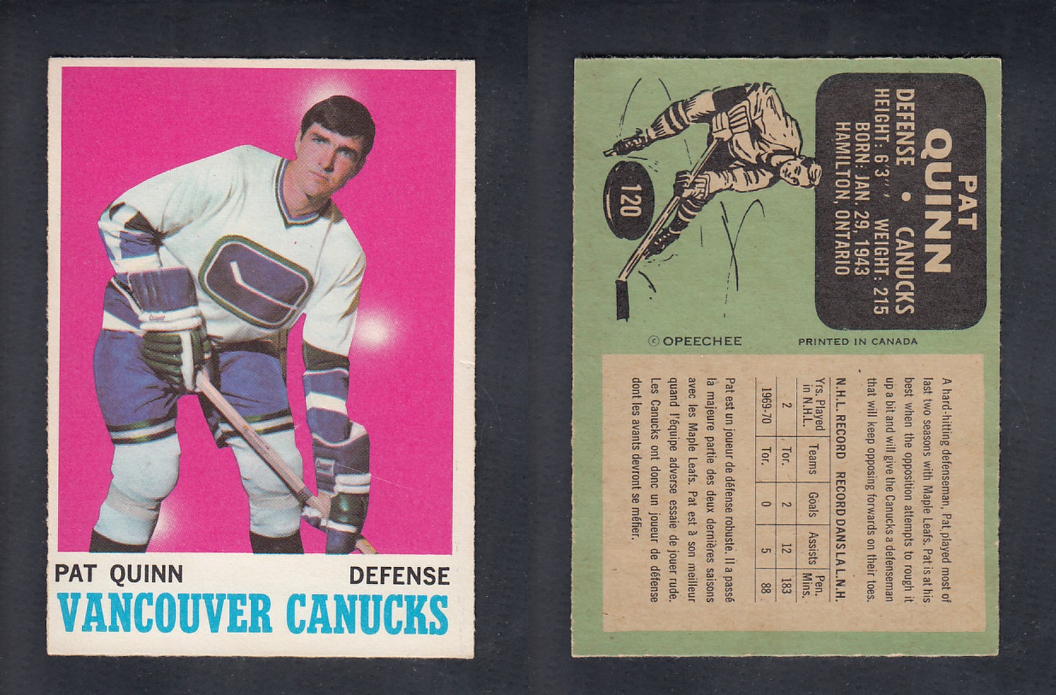 1970-71 O-PEE-CHEE HOCKEY CARD  #120  P. QUINN photo