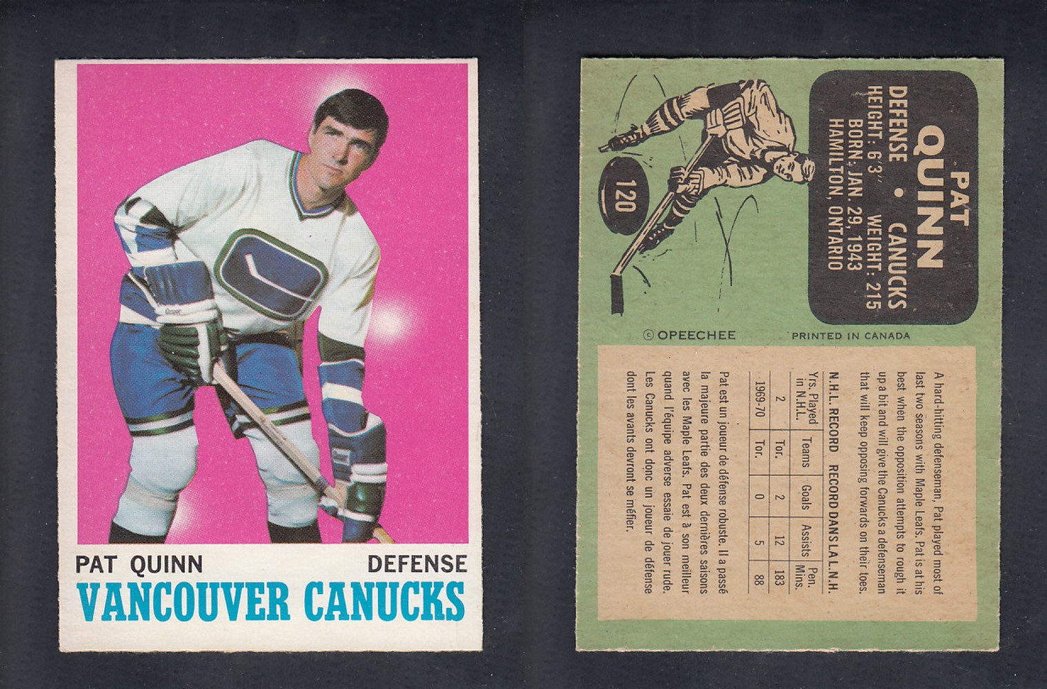 1970-71 O-PEE-CHEE HOCKEY CARD  #120  P. QUINN photo