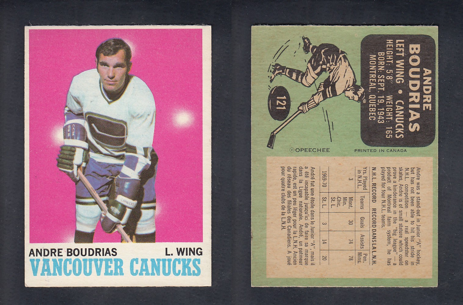 1970-71 O-PEE-CHEE HOCKEY CARD  #121  A. BOUDRIAS photo