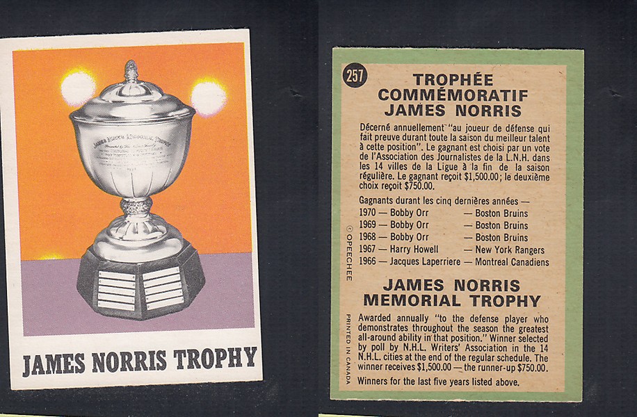 1970-71 O-PEE-CHEE HOCKEY CARD  #257 THE JAMES NORRIS TROPHY photo