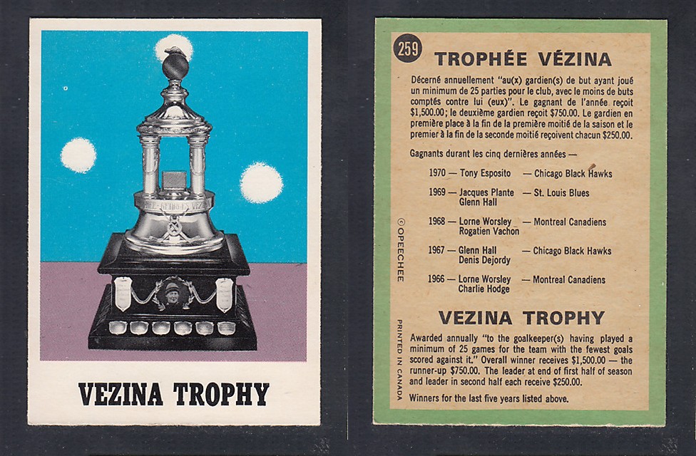 1970-71 O-PEE-CHEE HOCKEY CARD  #259 THE VEZINA TROPHY photo