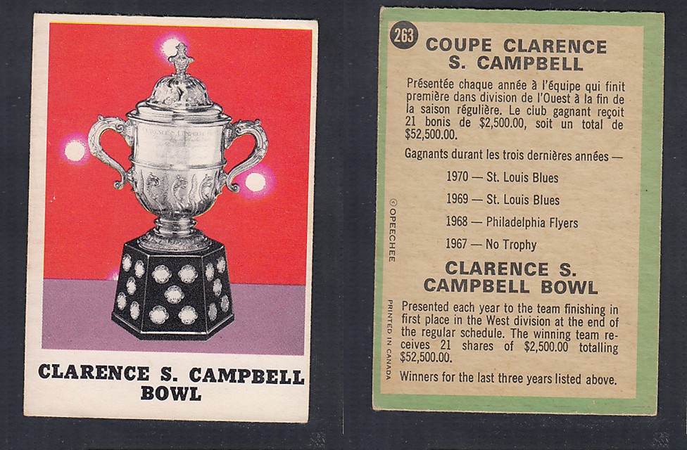 1970-71 O-PEE-CHEE HOCKEY CARD  #263 THE CLARENCE S. CAMPBELL BOWL photo