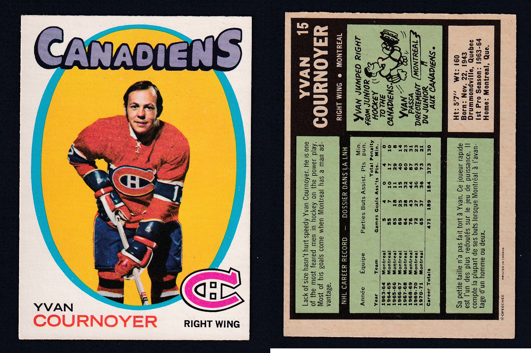 1971-72 O-PEE-CHEE HOCKEY CARD #15 Y. COURNOYER photo