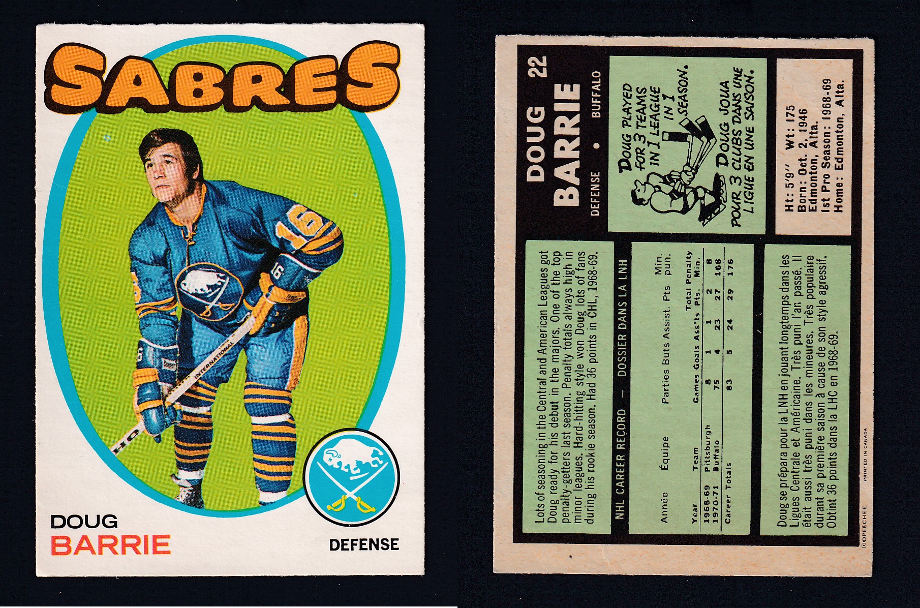 1971-72 O-PEE-CHEE HOCKEY CARD #22 D. BARRIE photo