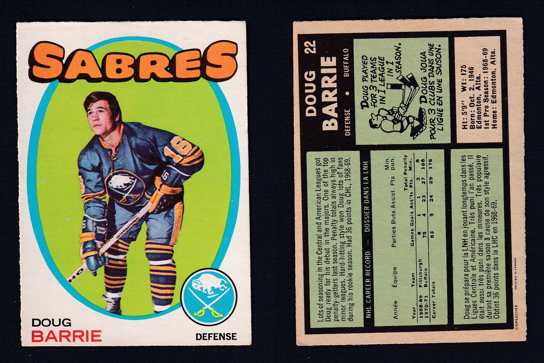 1971-72 O-PEE-CHEE HOCKEY CARD #22 D. BARRIE photo