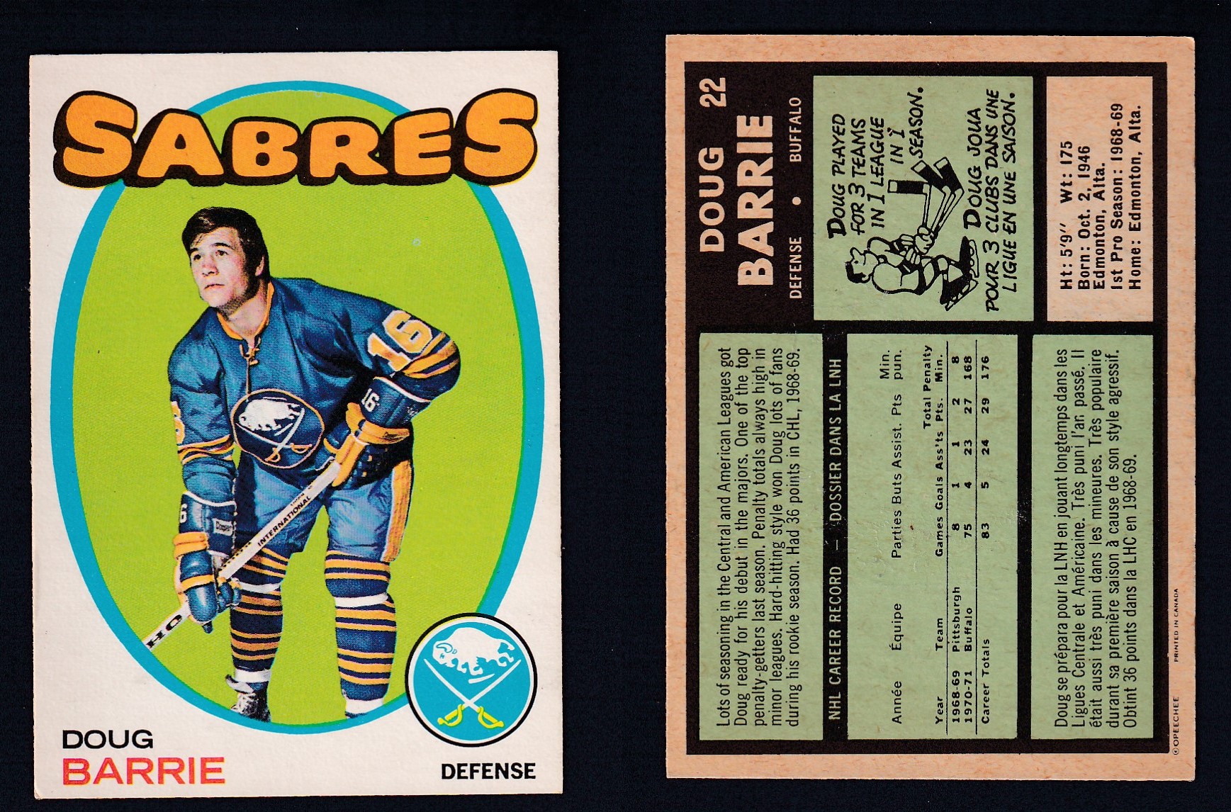 1971-72 O-PEE-CHEE HOCKEY CARD #22 D. BARRIE photo