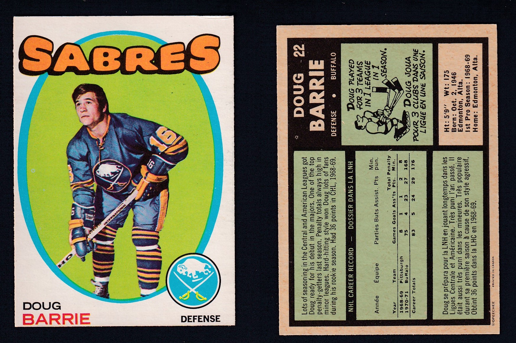 1971-72 O-PEE-CHEE HOCKEY CARD #22 D. BARRIE photo