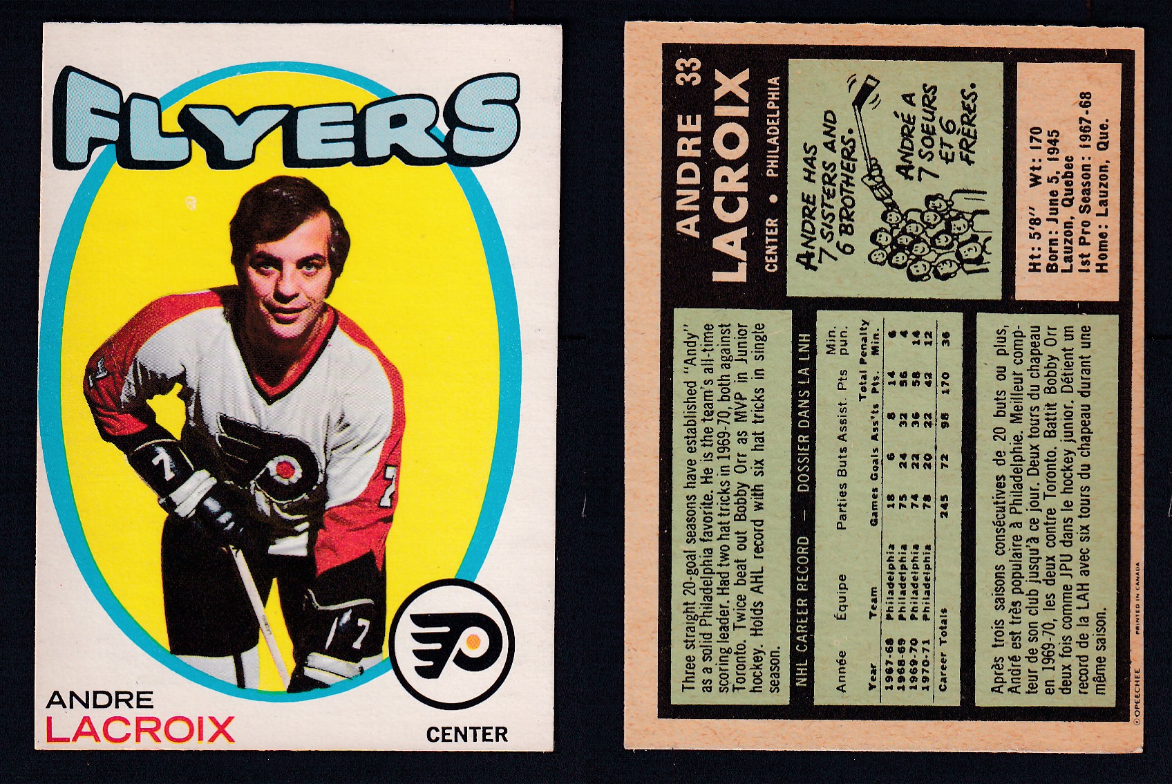 1971-72 O-PEE-CHEE HOCKEY CARD #33 A. LACROIX photo