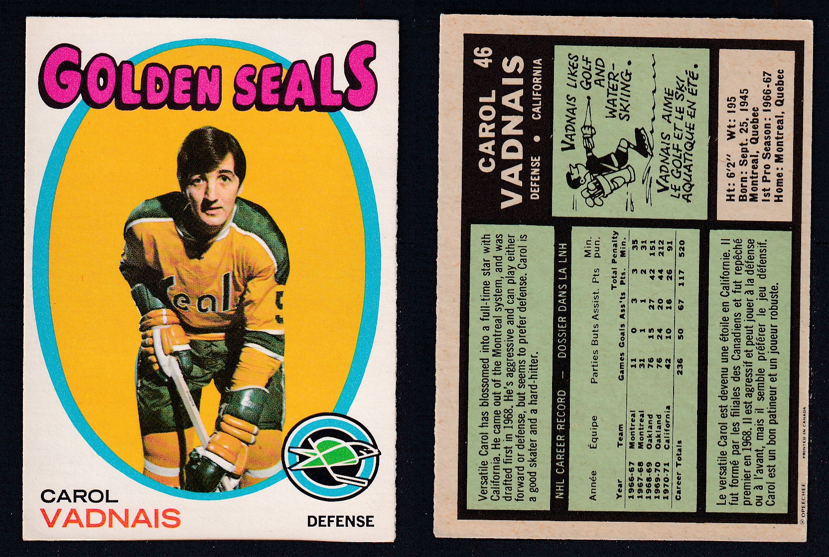 1971-72 O-PEE-CHEE HOCKEY CARD #46 C. VADNAIS photo