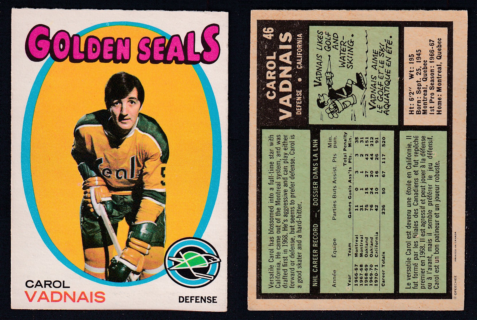 1971-72 O-PEE-CHEE HOCKEY CARD #46 C. VADNAIS photo