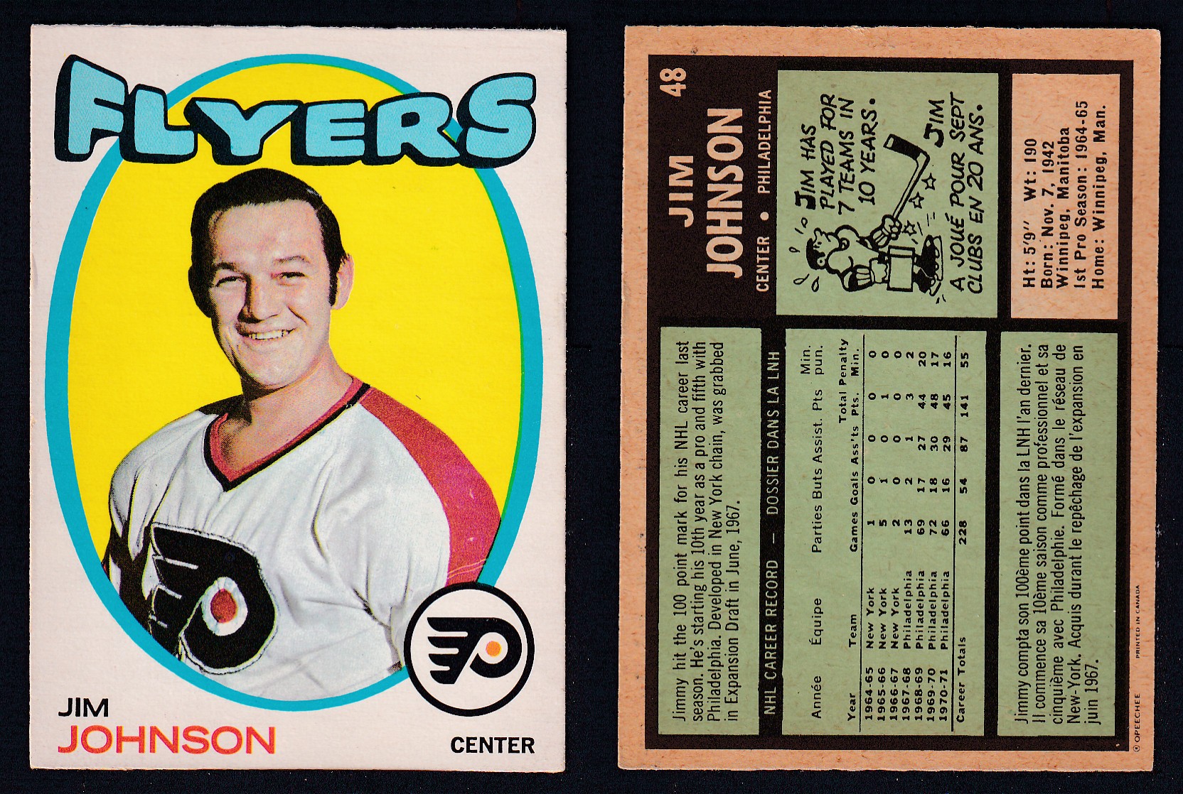 1971-72 O-PEE-CHEE HOCKEY CARD #48 J. JOHNSON photo