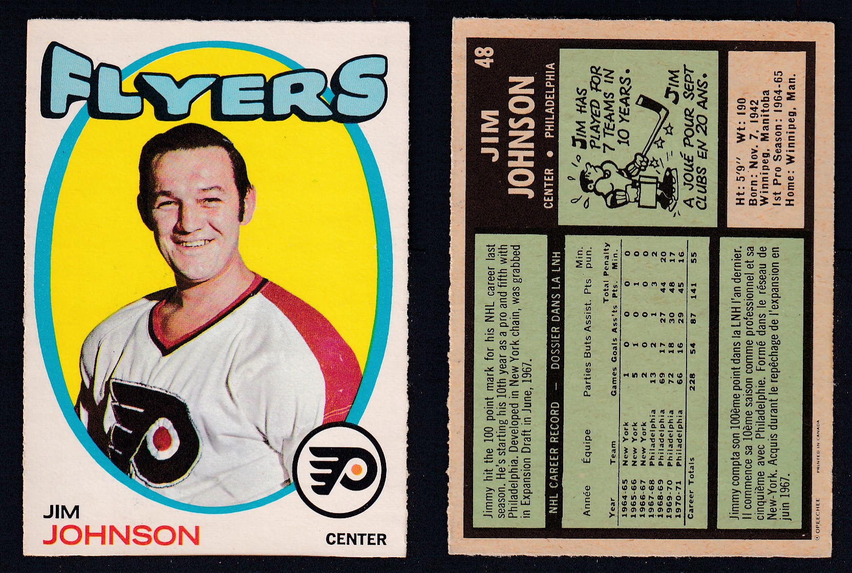 1971-72 O-PEE-CHEE HOCKEY CARD #48 J. JOHNSON photo