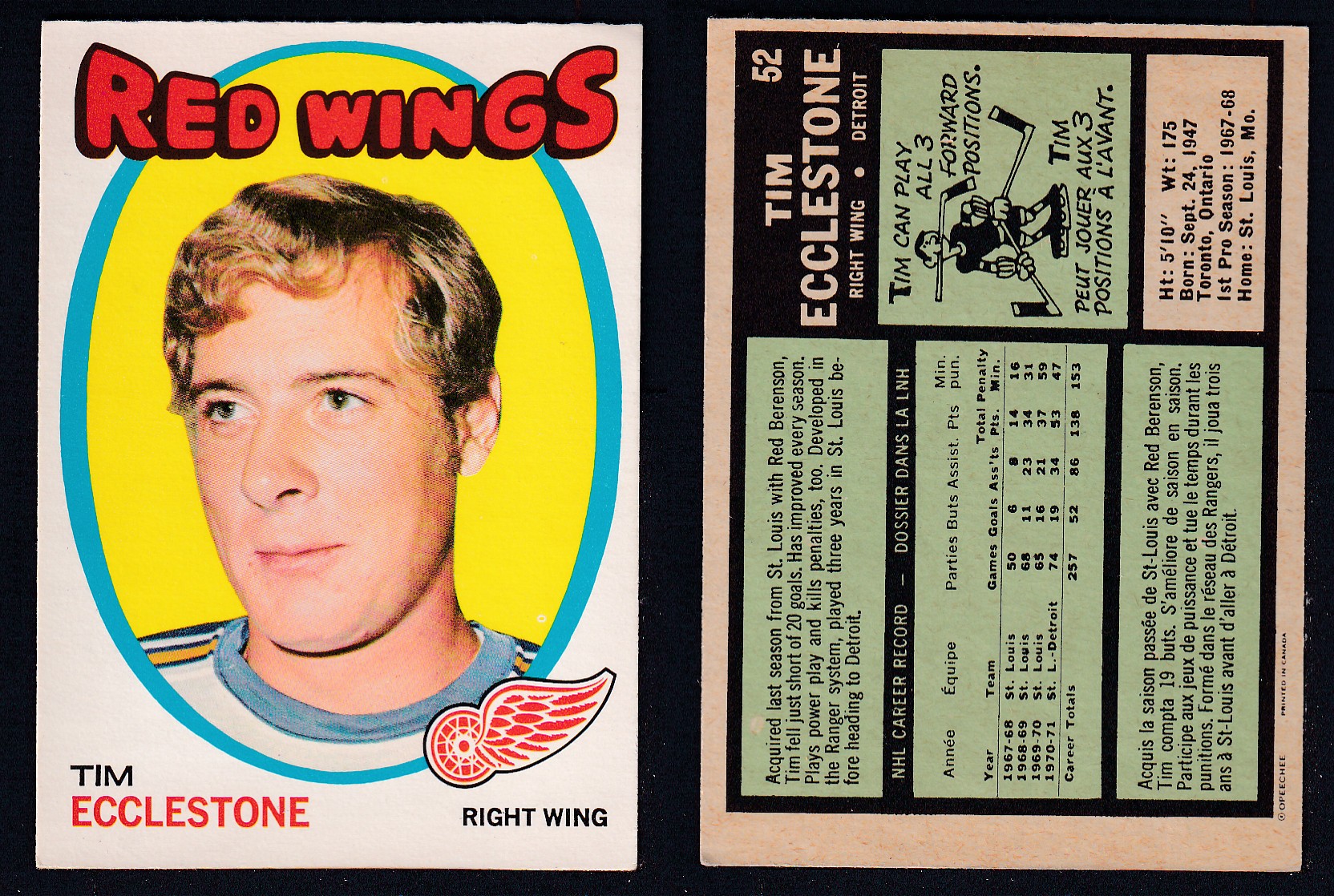 1971-72 O-PEE-CHEE HOCKEY CARD #52 T. ECCLESTONE photo