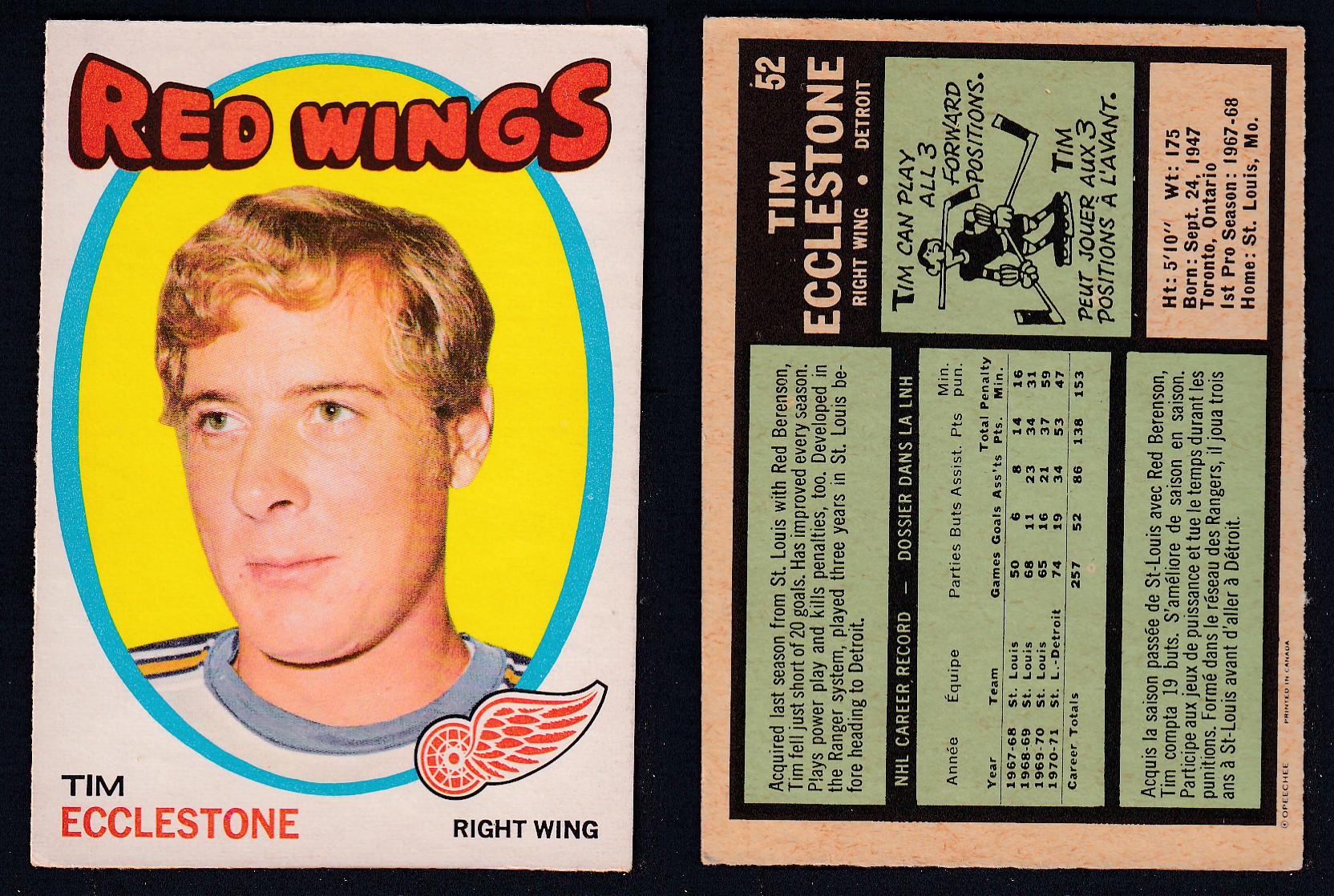 1971-72 O-PEE-CHEE HOCKEY CARD #52 T. ECCLESTONE photo