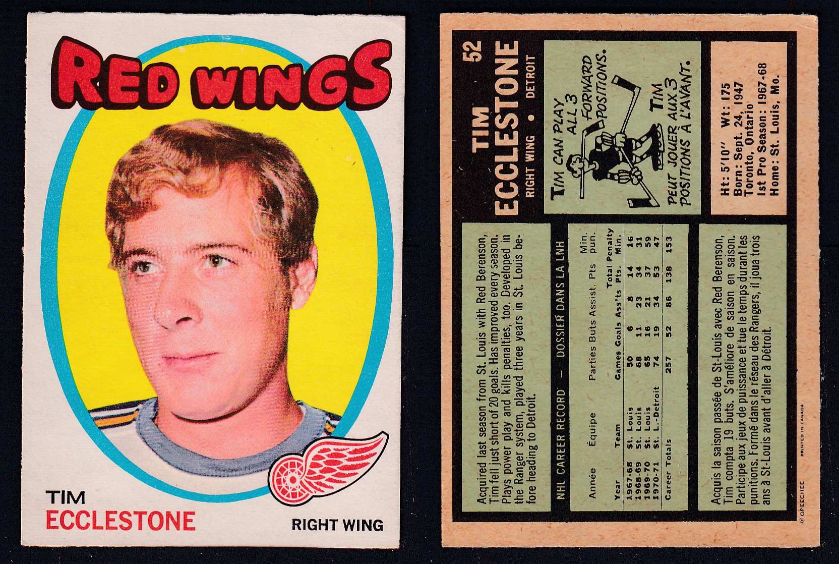 1971-72 O-PEE-CHEE HOCKEY CARD #52 T. ECCLESTONE photo