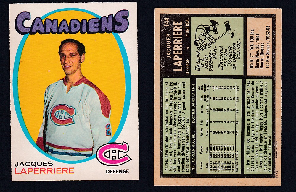 1971-72 O-PEE-CHEE HOCKEY CARD #144 J.LAPERRIERE photo