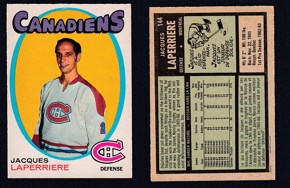 1971-72 O-PEE-CHEE HOCKEY CARD #144 J.LAPERRIERE photo