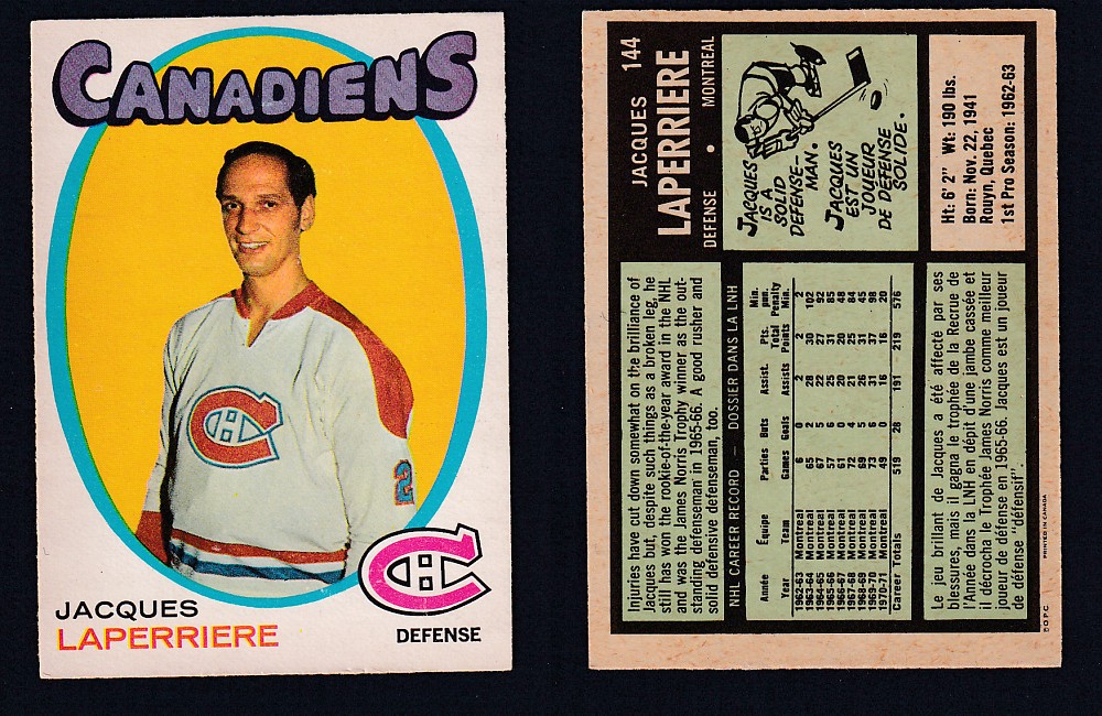 1971-72 O-PEE-CHEE HOCKEY CARD #144 J.LAPERRIERE photo