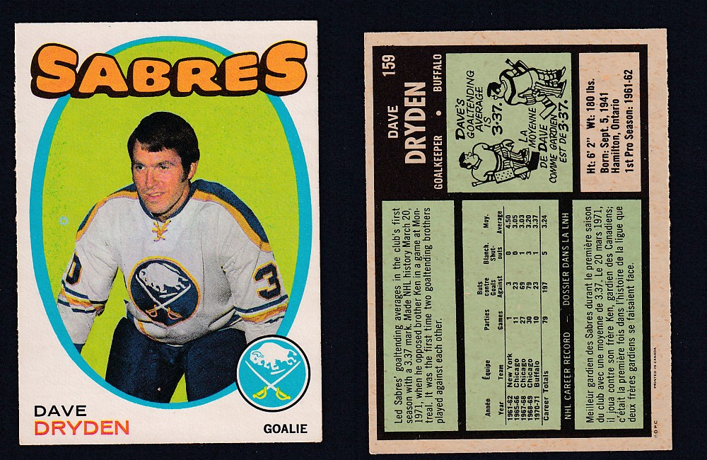 1971-72 O-PEE-CHEE HOCKEY CARD #159 D. DRYDEN photo