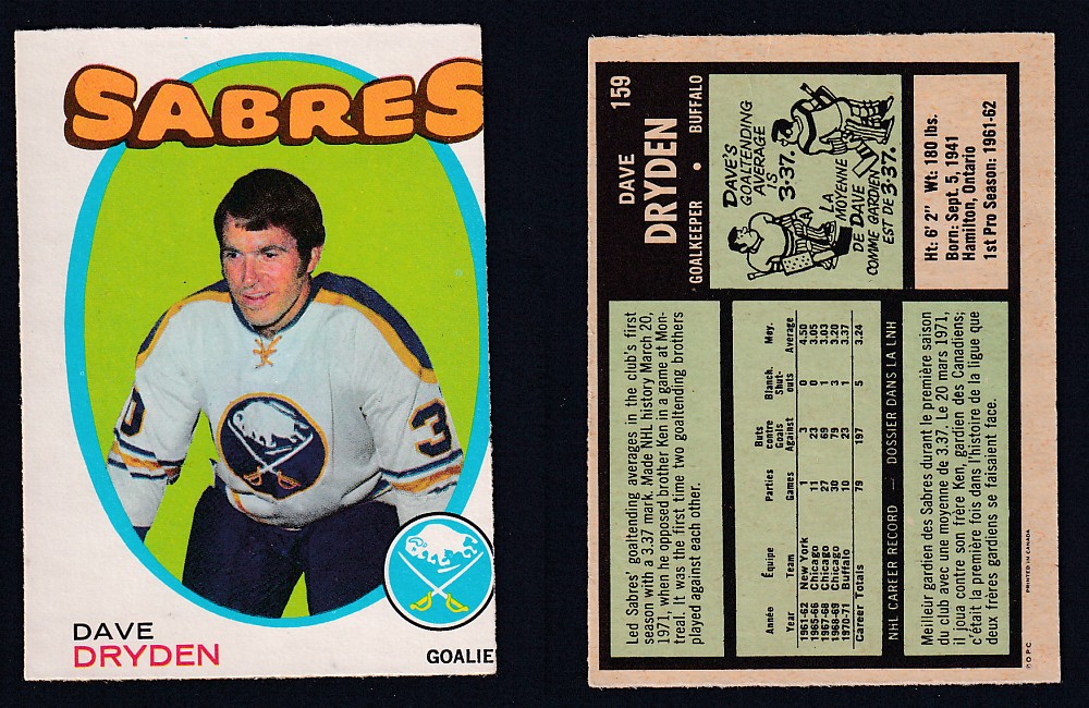 1971-72 O-PEE-CHEE HOCKEY CARD #159 D. DRYDEN photo