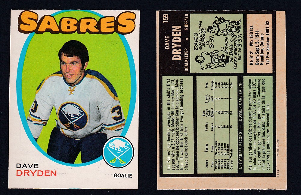 1971-72 O-PEE-CHEE HOCKEY CARD #159 D. DRYDEN photo